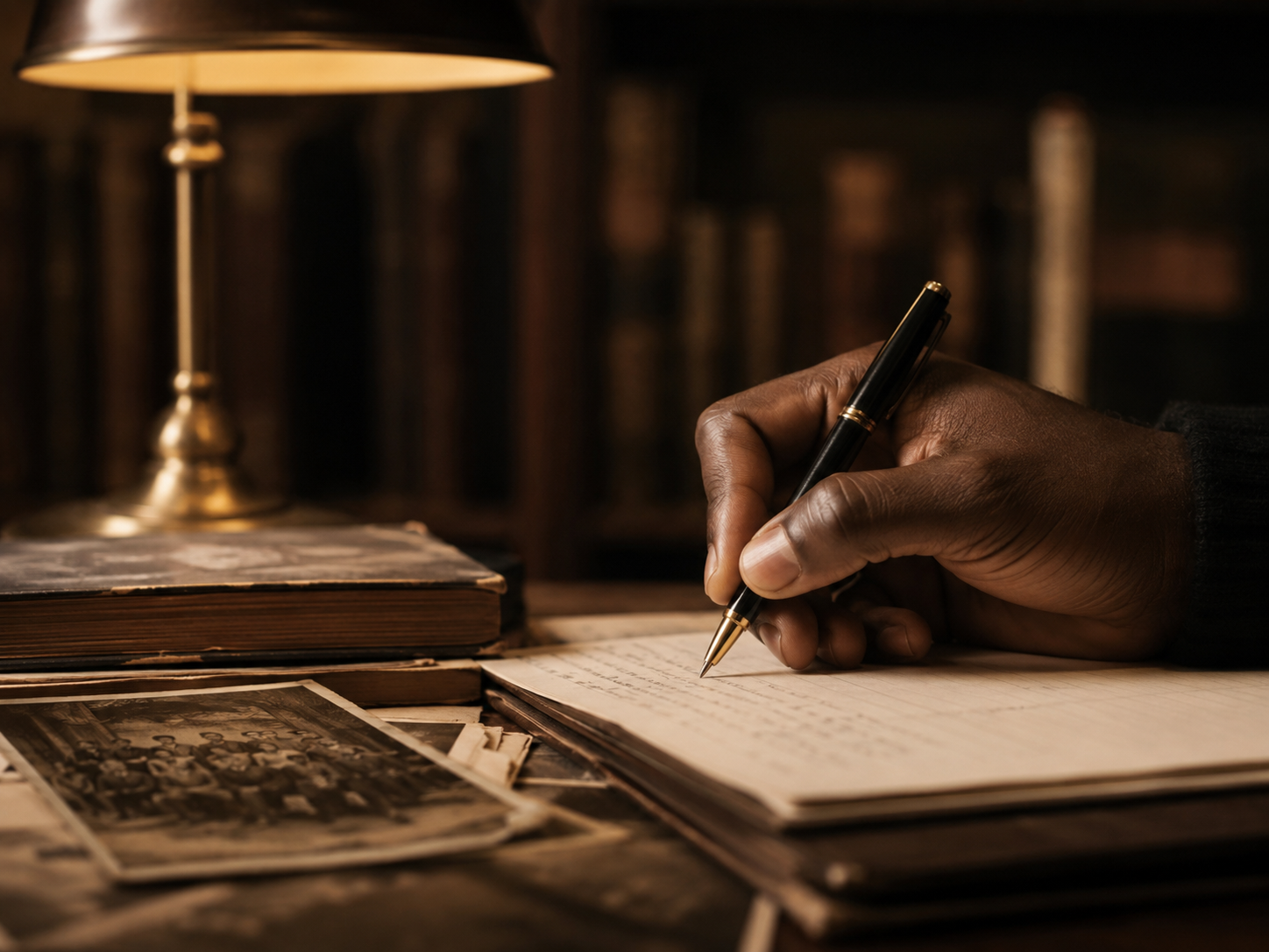 Black hand writing notes at a research desk