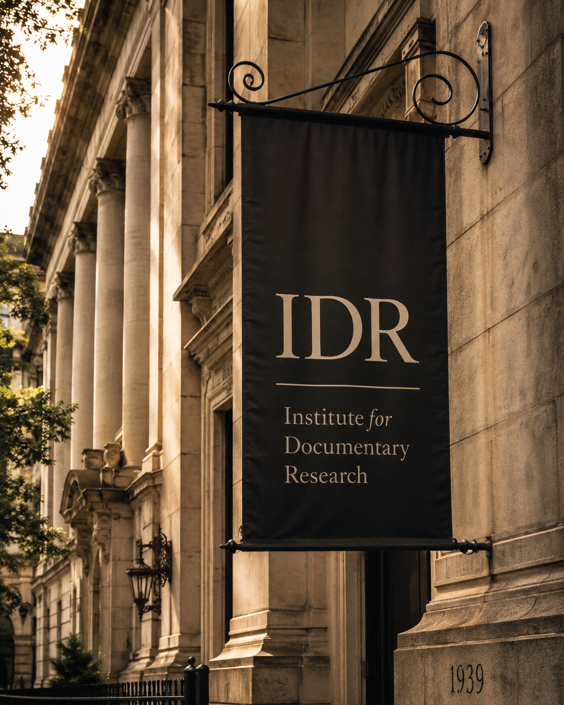 IDR banner on a classical stone building facade