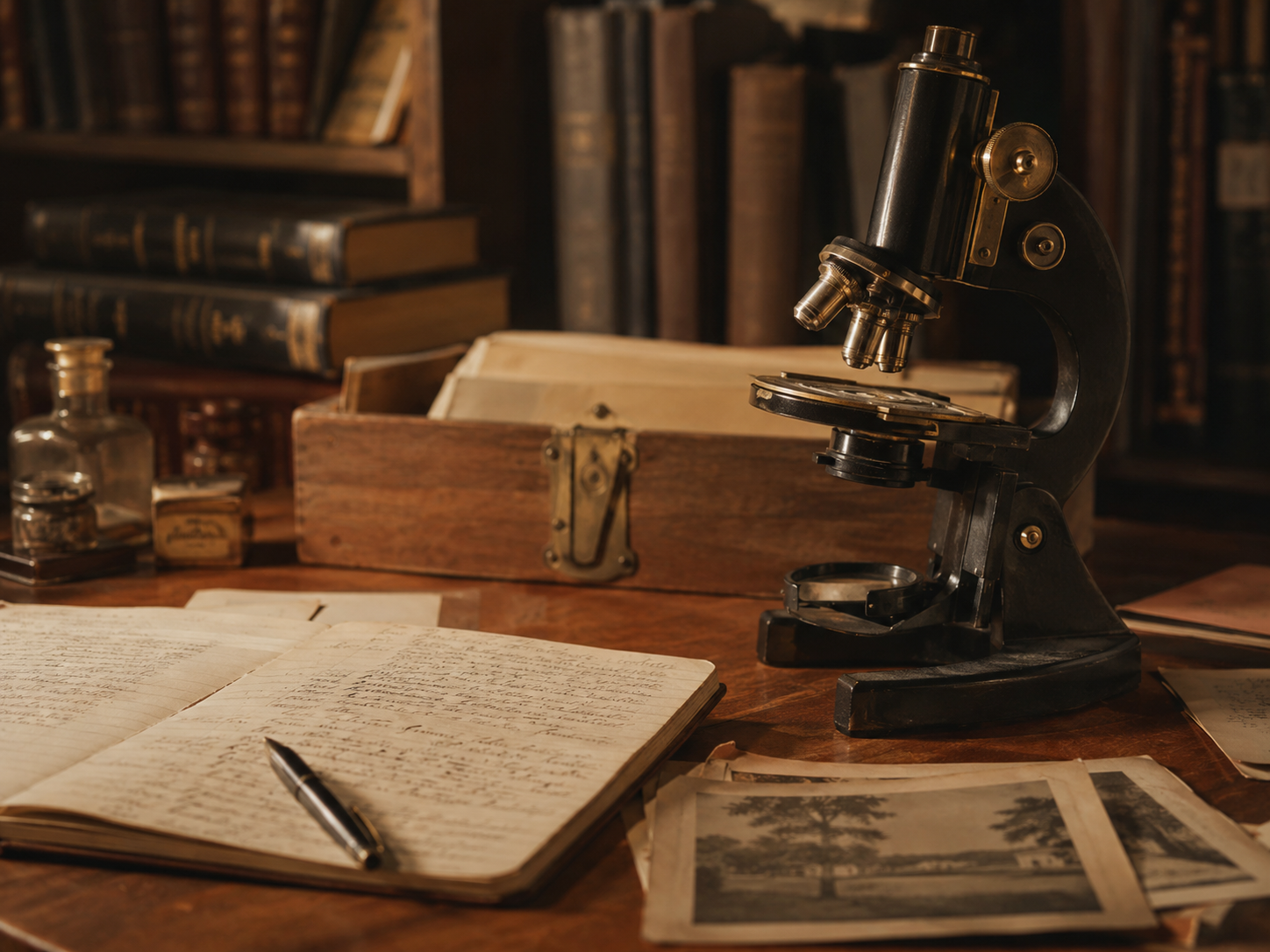 Vintage microscope and research notes